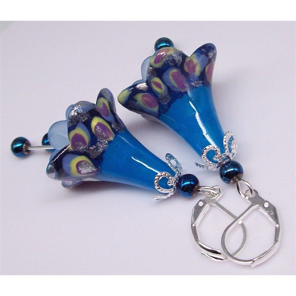 Boho earrings dangle, Handmade Earrings, Blue flower earrings, Silver earrings,